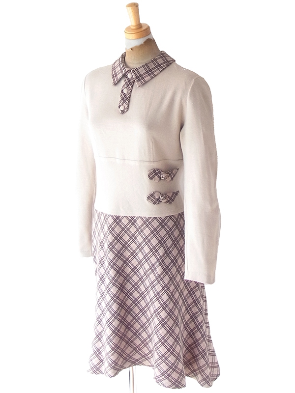 ヨーロッパ古着 60年代イタリア製 ベージュ X チェック柄 切り返し ベルト飾り ヴィンテージ ワンピース 18BS312