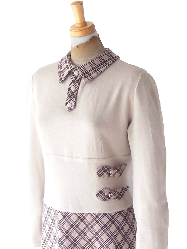 ヨーロッパ古着 60年代イタリア製 ベージュ X チェック柄 切り返し ベルト飾り ヴィンテージ ワンピース 18BS312