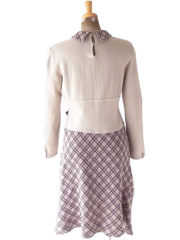 ヨーロッパ古着 60年代イタリア製 ベージュ X チェック柄 切り返し ベルト飾り ヴィンテージ ワンピース 18BS312