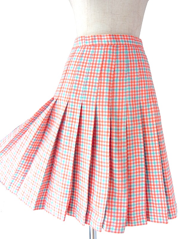 ヨーロッパ古着 フランス買い付け 60年代製 レッド X 水色 チェック柄 ウール プリーツ スカート 18FC005