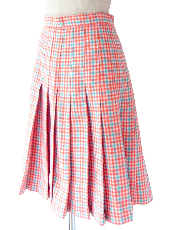 ヨーロッパ古着 フランス買い付け 60年代製 レッド X 水色 チェック柄 ウール プリーツ スカート 18FC005