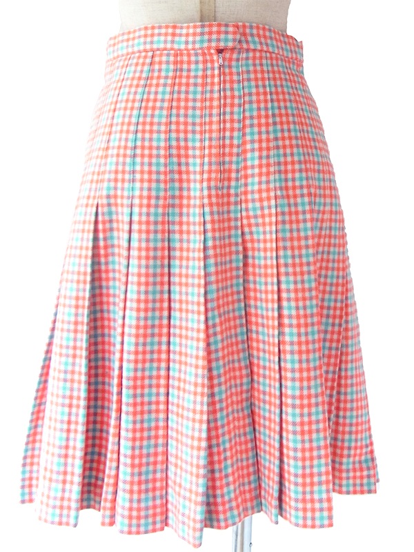 ヨーロッパ古着 フランス買い付け 60年代製 レッド X 水色 チェック柄 ウール プリーツ スカート 18FC005