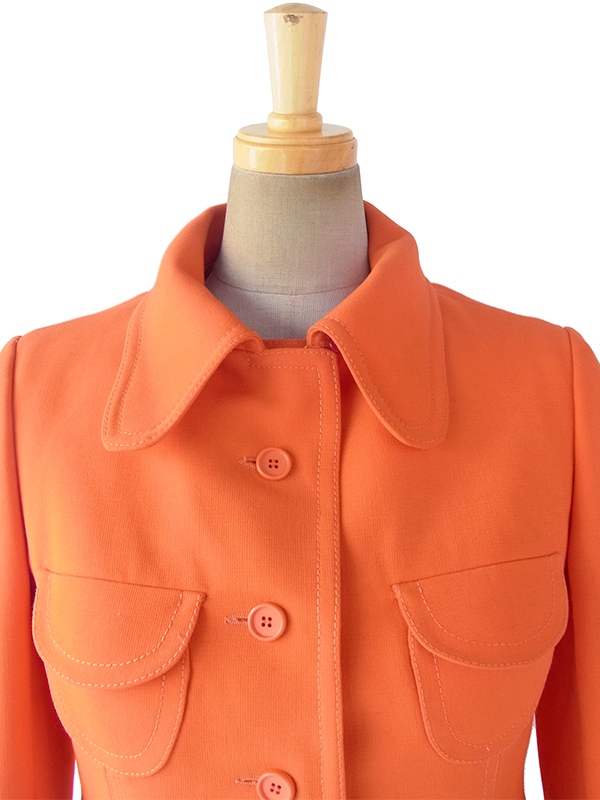 ヨーロッパ古着 フランス買い付け 60年代製 オレンジ X ビッグステッチ ウール ジャケット・ワンピース セットアップ 18FC009