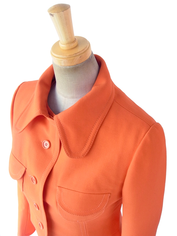 ヨーロッパ古着 フランス買い付け 60年代製 オレンジ X ビッグステッチ ウール ジャケット・ワンピース セットアップ 18FC009