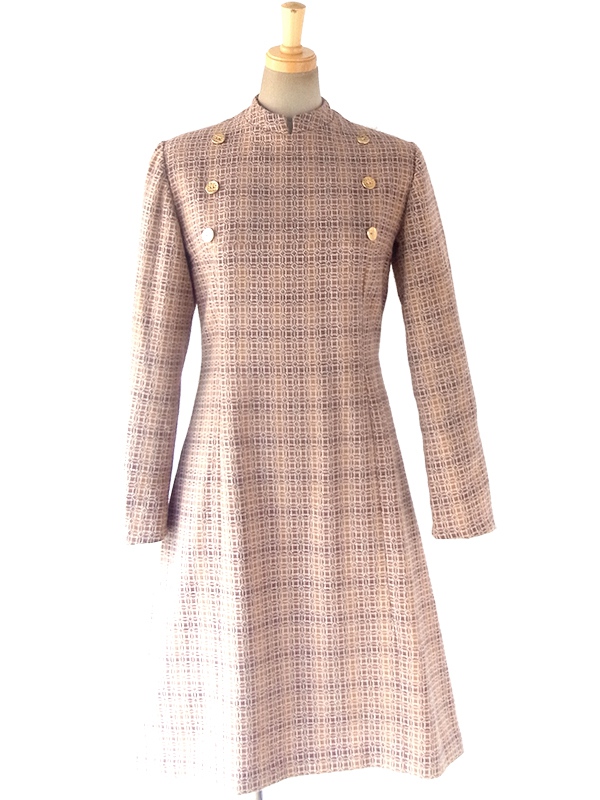 ヨーロッパ古着 フランス買い付け ６０年代製 オレンジ・ブラウン X 幾何学プリント ゴールドボタン モックネック ワンピース 18FC100