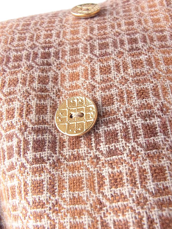 ヨーロッパ古着 フランス買い付け ６０年代製 オレンジ・ブラウン X 幾何学プリント ゴールドボタン モックネック ワンピース 18FC100