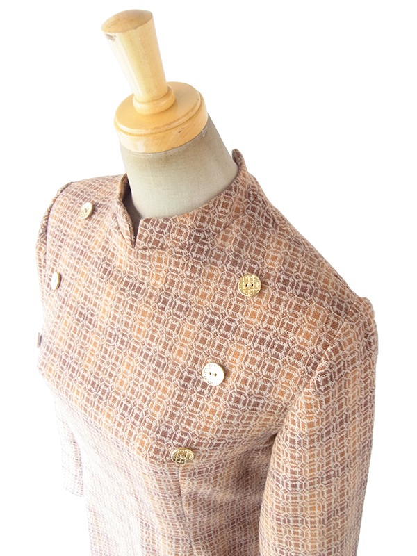 ヨーロッパ古着 フランス買い付け ６０年代製 オレンジ・ブラウン X 幾何学プリント ゴールドボタン モックネック ワンピース 18FC100