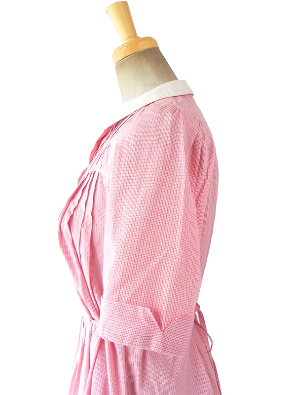 ヨーロッパ古着 フランス買い付け 60年代製 上品ピンク X ピンチェック 刺繍 プリーツ ワンピース 18FC107