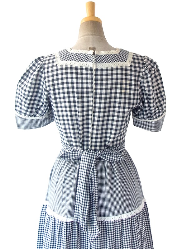ヨーロッパ古着 フランス買い付け 60年代製 モノトーン X チェック生地切り返し レーステープ パフスリーブ ワンピース 18FC115