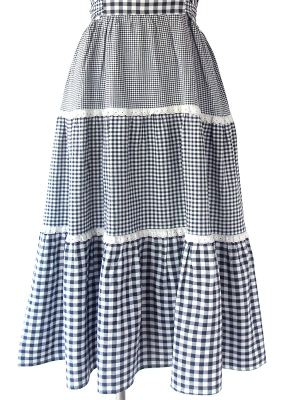 ヨーロッパ古着 フランス買い付け 60年代製 モノトーン X チェック生地切り返し レーステープ パフスリーブ ワンピース 18FC115