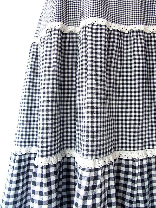 ヨーロッパ古着 フランス買い付け 60年代製 モノトーン X チェック生地切り返し レーステープ パフスリーブ ワンピース 18FC115