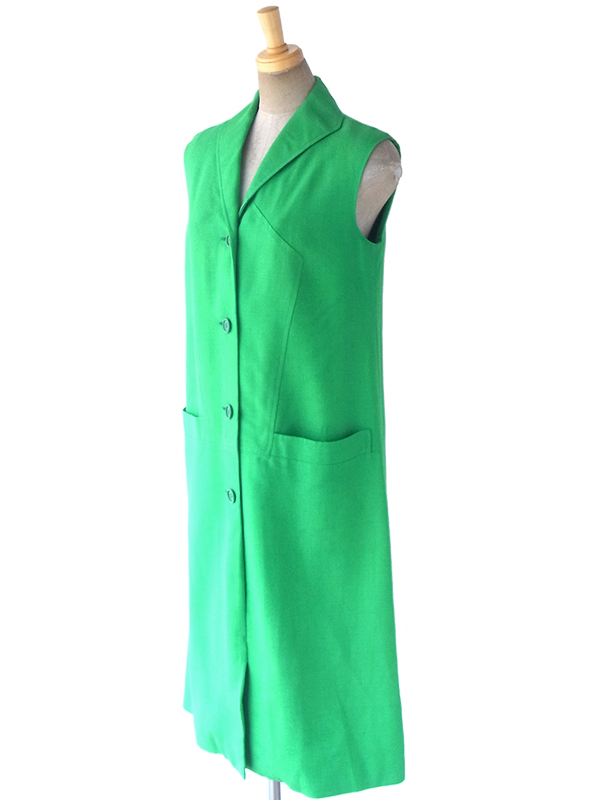 ヨーロッパ古着 フランス買い付け 60年代製 美しいグリーン X シームデザイン ポケット付き ヴィンテージ ワンピース 18FC116