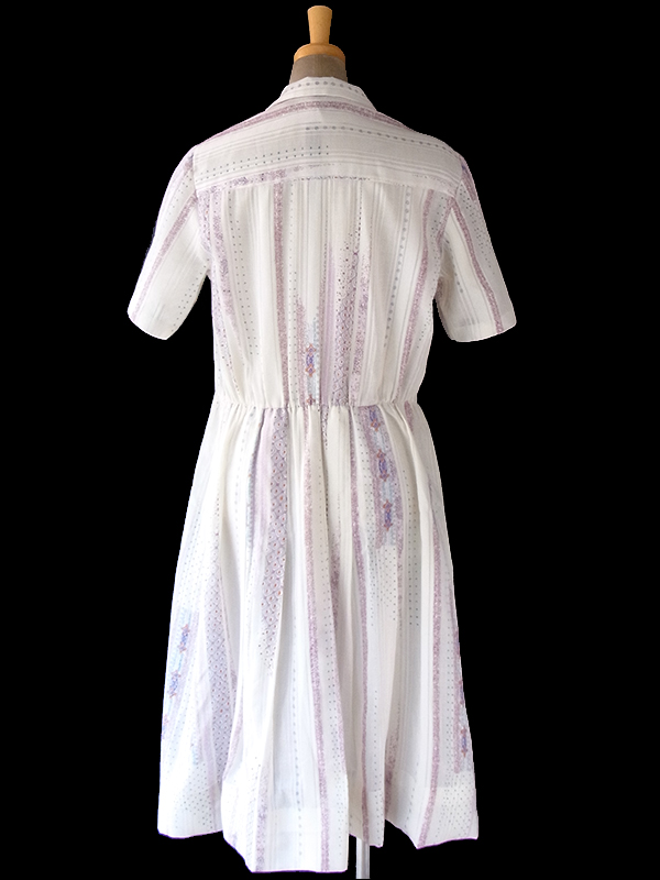 ヨーロッパ古着 60年代フランス製 オフホワイト X レトロプリント ガーゼのような繊細な生地 ワンピース 18FC118