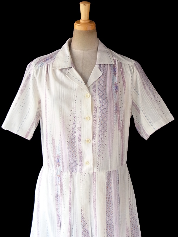 ヨーロッパ古着 60年代フランス製 オフホワイト X レトロプリント ガーゼのような繊細な生地 ワンピース 18FC118