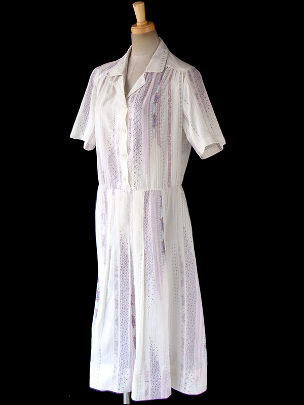 ヨーロッパ古着 60年代フランス製 オフホワイト X レトロプリント ガーゼのような繊細な生地 ワンピース 18FC118