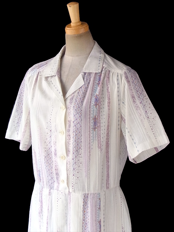 ヨーロッパ古着 60年代フランス製 オフホワイト X レトロプリント ガーゼのような繊細な生地 ワンピース 18FC118