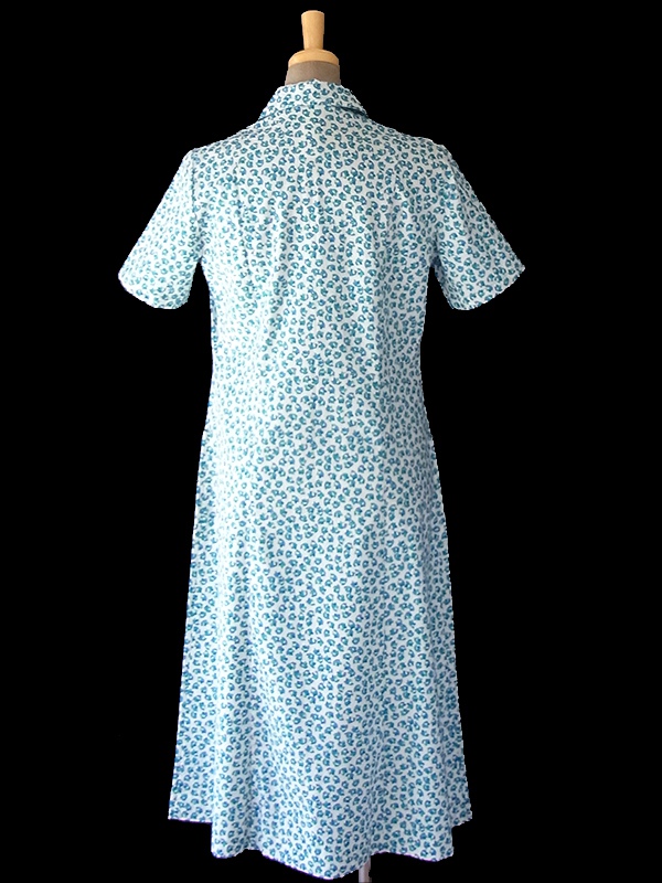 ヨーロッパ古着 60年代フランス製 ホワイト X ブルー 小花柄 ポケット付き シャツ ワンピース 18FC200