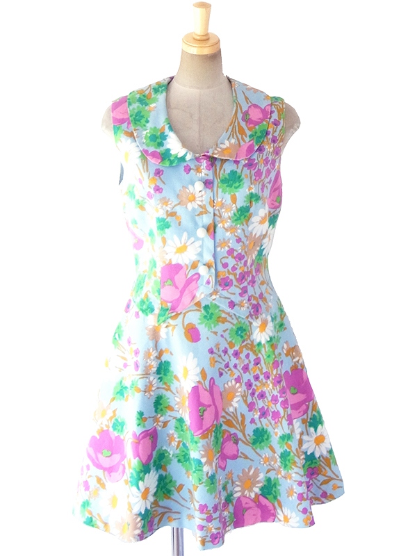 ヨーロッパ古着 60年代フランス製 水色 X カラフル花柄 ペプラム風デザイン ヴィンテージ ワンピース 18FC202