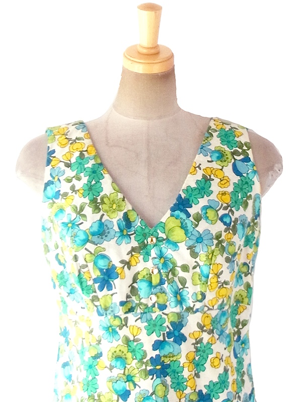 ヨーロッパ古着 フランス買い付け 60年代製 ホワイト X 涼やかな花柄 円形が控えめに浮かぶ生地 ワンピース 18FC216