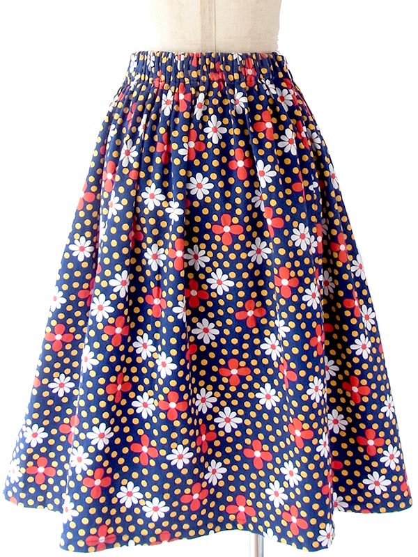 ヨーロッパ古着 フランス買い付け 60年代製 ブルー X イエロー 水玉 ・ カラフル花柄 ヴィンテージ スカート 18FC221