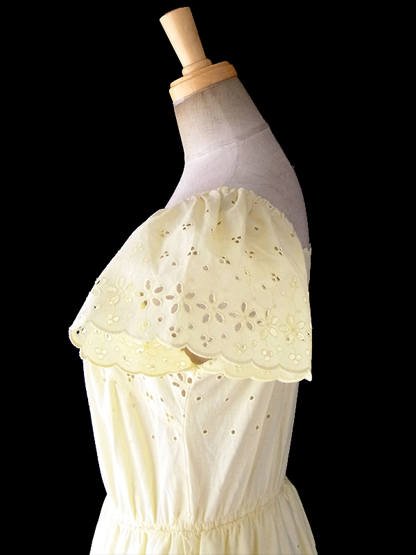 ヨーロッパ古着 フランス買い付け 60年代製 レモン色 X 花柄カットレース パフスリーブ ティーアド ワンピース 18FC301