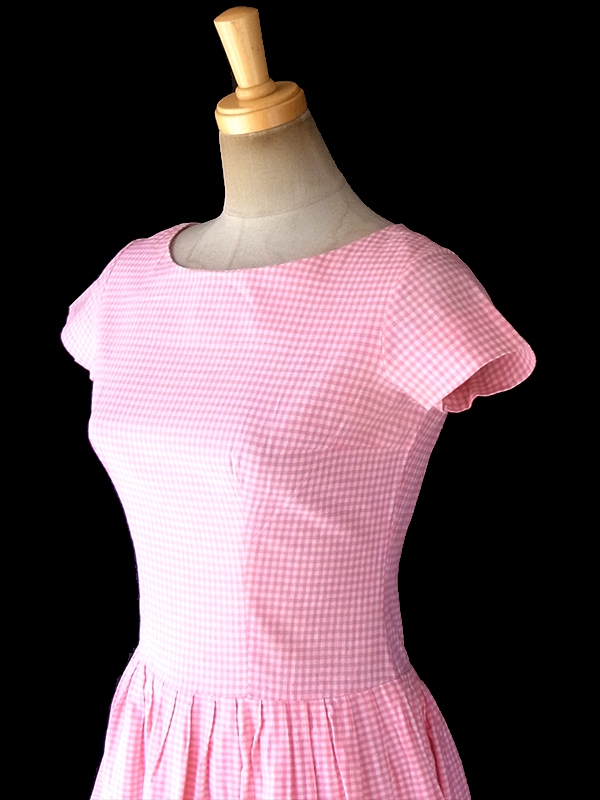 ヨーロッパ古着 60年代フランス製 ピンク X  ギンガムチェック グリーン・ピンク テープ ワンピース 18FC304