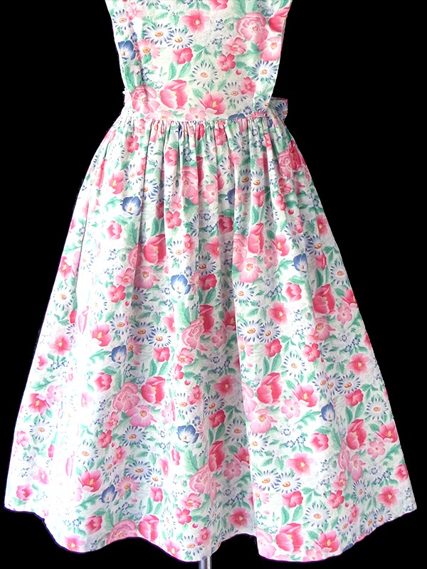 ヨーロッパ古着 60年代フランス製 ホワイト X パステル調カラフル花柄 ヴィンテージ ワンピース 18FC308