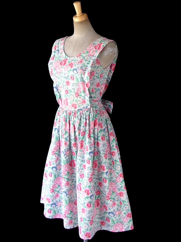 ヨーロッパ古着 60年代フランス製 ホワイト X パステル調カラフル花柄 ヴィンテージ ワンピース 18FC308