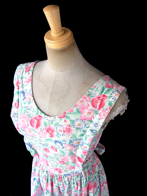 ヨーロッパ古着 60年代フランス製 ホワイト X パステル調カラフル花柄 ヴィンテージ ワンピース 18FC308