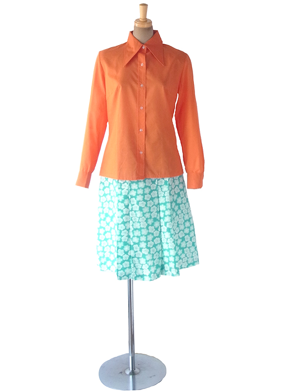 ヨーロッパ古着 フランス買い付け 60年代製 エメラルドブルー X ホワイト 花柄 プリーツ スカート 18FC315