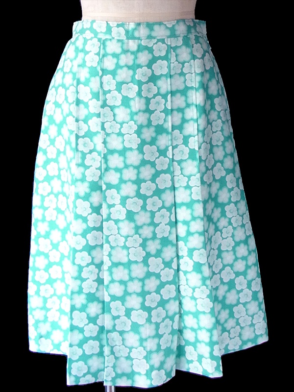 ヨーロッパ古着 フランス買い付け 60年代製 エメラルドブルー X ホワイト 花柄 プリーツ スカート 18FC315