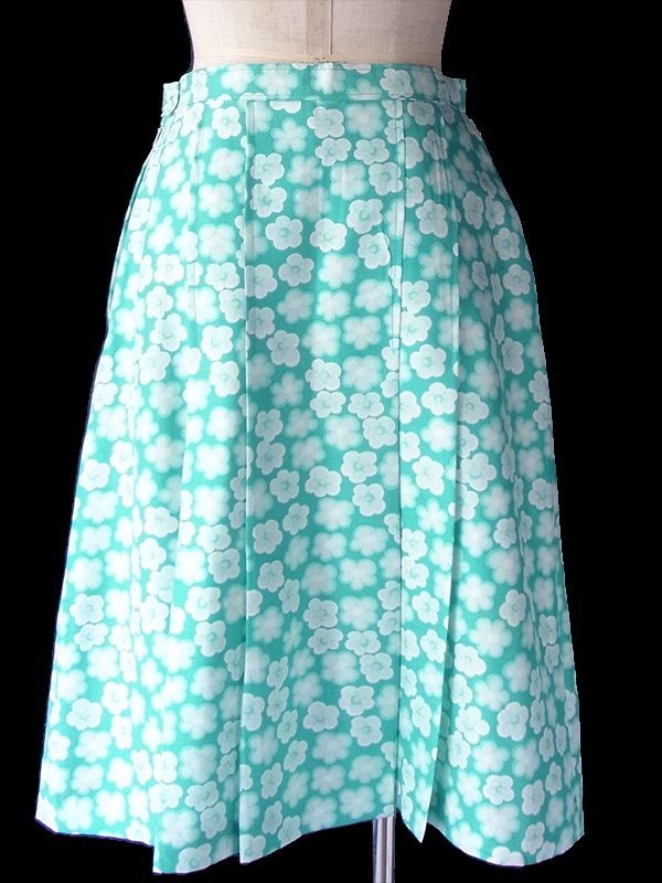 ヨーロッパ古着 フランス買い付け 60年代製 エメラルドブルー X ホワイト 花柄 プリーツ スカート 18FC315