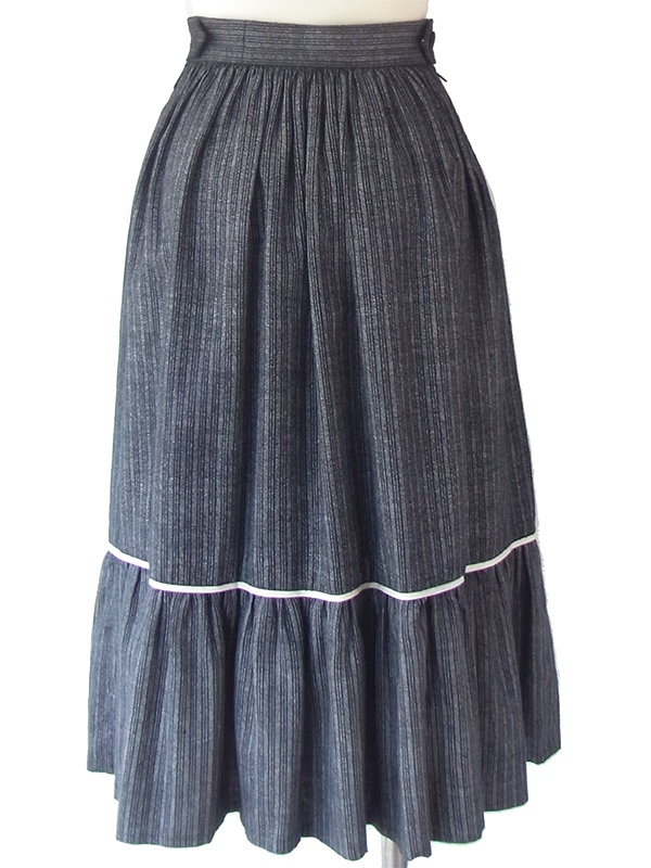 ヨーロッパ古着 フランス買い付け 60年代製 ブラック X グレイ ストライプ・モザイク ギャザー スカート 18FC319
