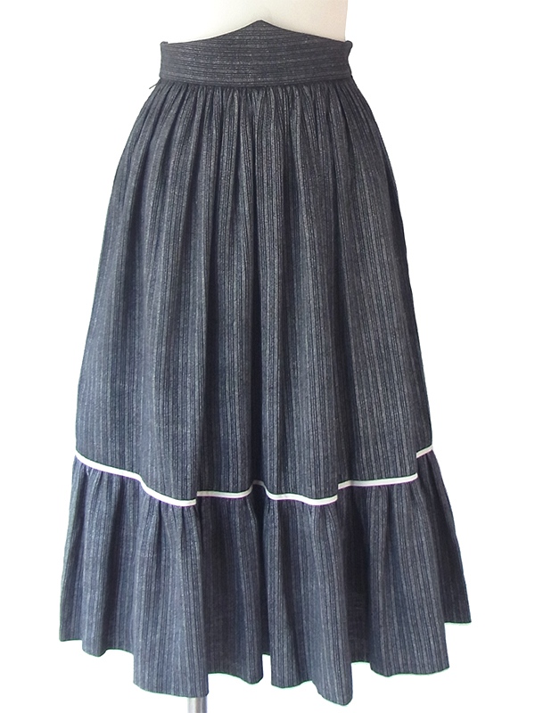 ヨーロッパ古着 フランス買い付け 60年代製 ブラック X グレイ ストライプ・モザイク ギャザー スカート 18FC319