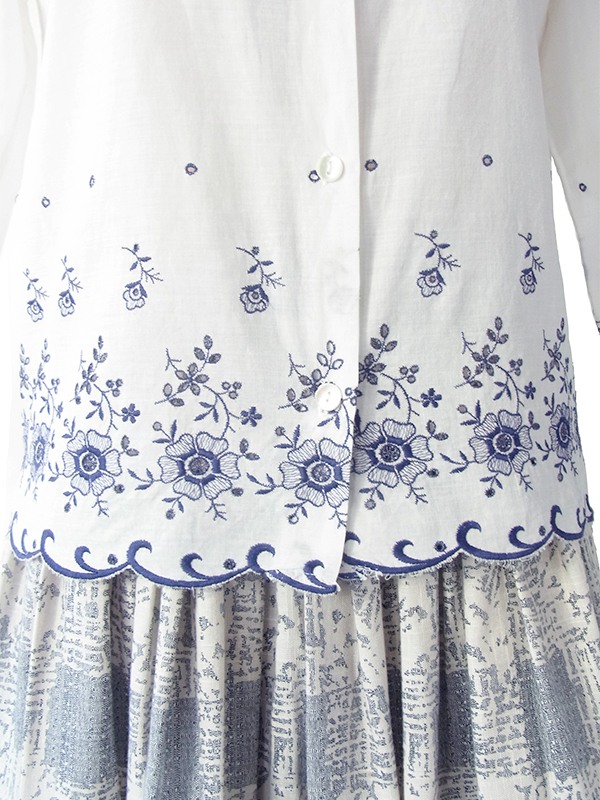 ヨーロッパ古着 フランス買い付け 60年代製 ホワイト X ブルー 花柄刺繍カットレース ヴィンテージ ブラウス 18FC323