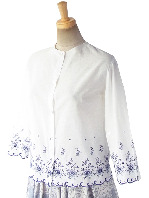 ヨーロッパ古着 フランス買い付け 60年代製 ホワイト X ブルー 花柄刺繍カットレース ヴィンテージ ブラウス 18FC323