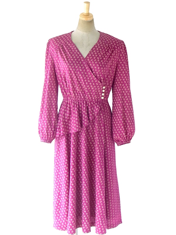 ヨーロッパ古着 フランス買い付け 70年代製 ワインレッド X クリーム色 カシュクール ペプラム ワンピース 18FC419