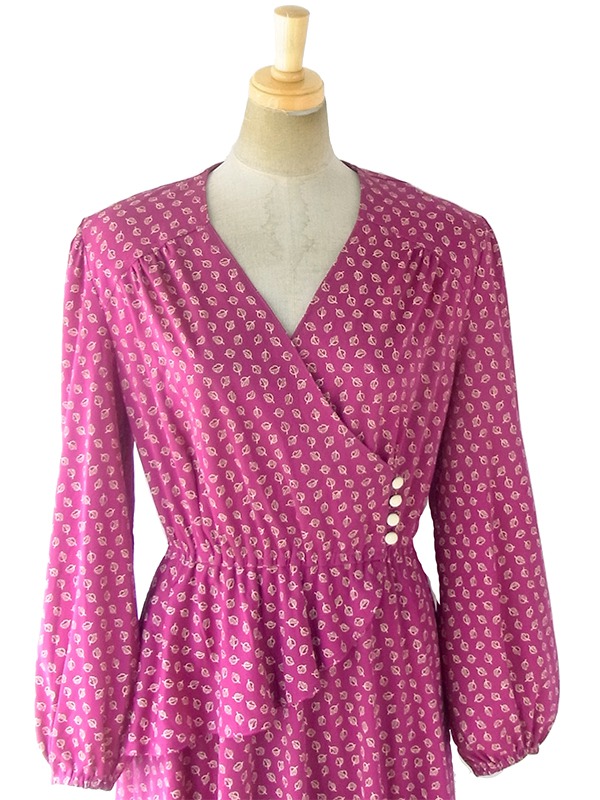 ヨーロッパ古着 フランス買い付け 70年代製 ワインレッド X クリーム色 カシュクール ペプラム ワンピース 18FC419