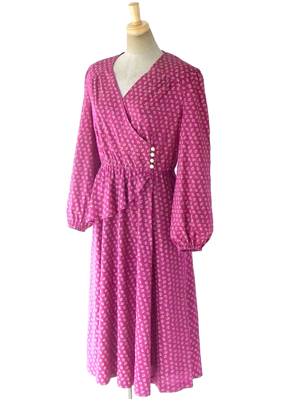 ヨーロッパ古着 フランス買い付け 70年代製 ワインレッド X クリーム色 カシュクール ペプラム ワンピース 18FC419