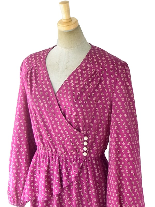 ヨーロッパ古着 フランス買い付け 70年代製 ワインレッド X クリーム色 カシュクール ペプラム ワンピース 18FC419