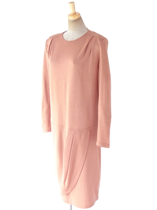 ヨーロッパ古着 70年代フランス製 アプリコット X タックデザイン 生地が重なったスカート ワンピース 18FC514