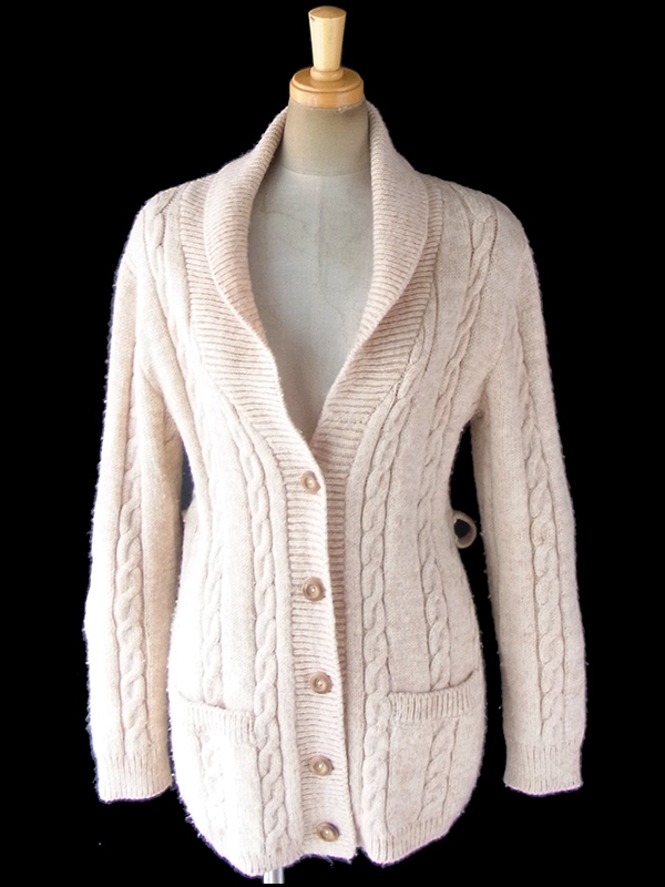 ヨーロッパ古着 フランス買い付け 60年代製 ライトベージュ X 共布ベルト付き アランニット カーディガン 18FC519