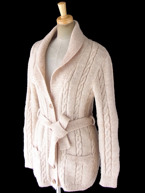 ヨーロッパ古着 フランス買い付け 60年代製 ライトベージュ X 共布ベルト付き アランニット カーディガン 18FC519