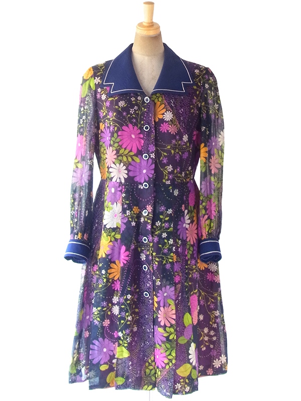 ヨーロッパ古着 フランス買い付け 60年代製 ネイビー X カラフルな花柄がガーゼ風生地に描かれた ワンピース 18FC601
