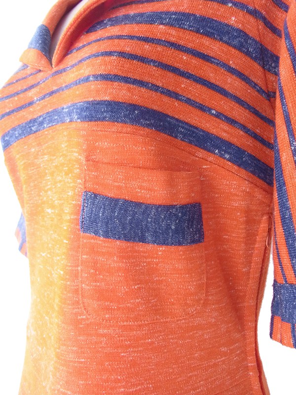 ヨーロッパ古着 60年代フランス製 ブラッドオレンジ X ネイビー ボーダー 胸ポケット付き ヴィンテージ ワンピース 18FC605