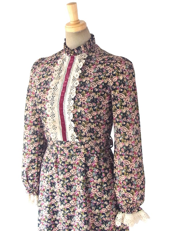 ヨーロッパ古着 ロンドン買い付け ブラック X カラフル花柄 レース・ベルベットテープ ヴィンテージ ロングドレス 18OM013