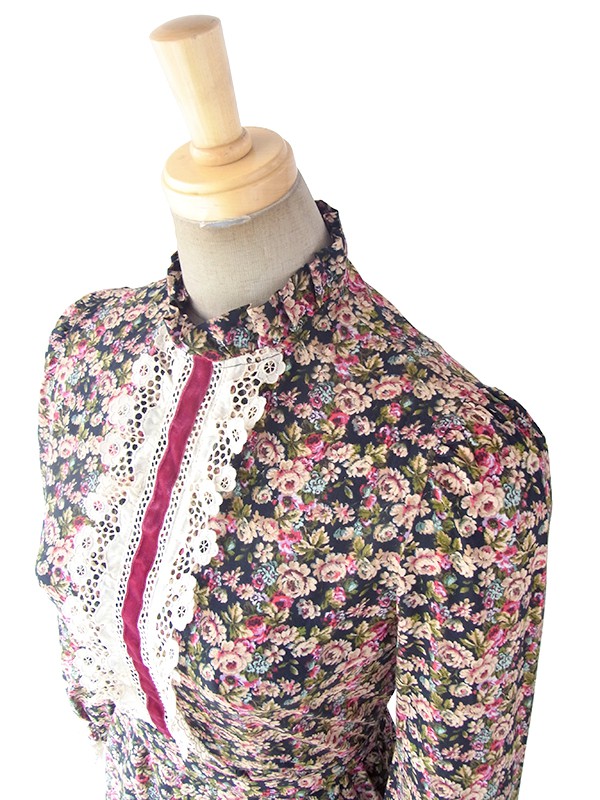 ヨーロッパ古着 ロンドン買い付け ブラック X カラフル花柄 レース・ベルベットテープ ヴィンテージ ロングドレス 18OM013