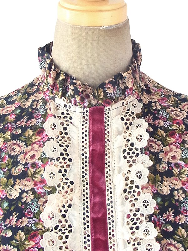 ヨーロッパ古着 ロンドン買い付け ブラック X カラフル花柄 レース・ベルベットテープ ヴィンテージ ロングドレス 18OM013