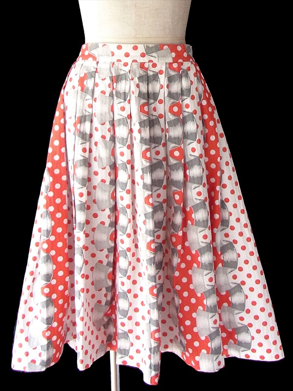 ヨーロッパ古着 ロンドン買い付け 50年代製 レッド X ホワイト・グレイ 水玉 リボン柄 ヴィンテージ スカート 18OM224