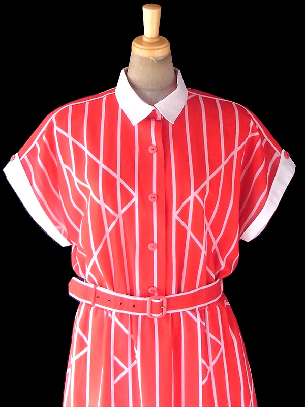 ヨーロッパ古着 ロンドン買い付け 70年代製 レッド X ホワイト ストライプ 共布ベルト付き ヴィンテージ ワンピース 18OM305